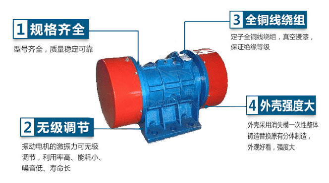 VB振動電機(jī)特點(diǎn)：1，規(guī)格齊全：型號齊全，質(zhì)量穩(wěn)定可靠。2，無極調(diào)節(jié)：振動電機(jī)的激振力可無極調(diào)節(jié)，利用率高，能耗小，噪音低，壽命長。4，外殼輕度大：外殼采用消失模一次性整體鑄造替換原有分體制造，外觀好看，強(qiáng)度大。